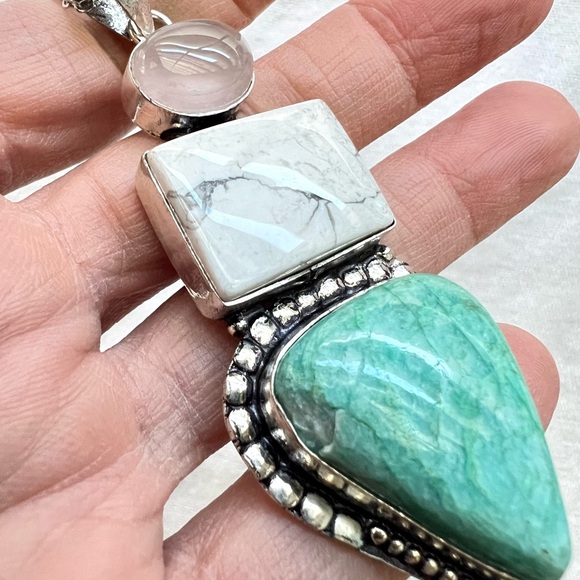 925 * FLAW* Rose Quartz + Howlite + Amazonite Necklace Pendant - Picture 9 of 9